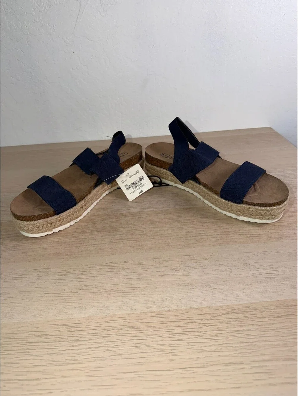 ANA A New Approach Navy Espadrille Platform Sandals Size 10 Cork Wedge Slip‑On N